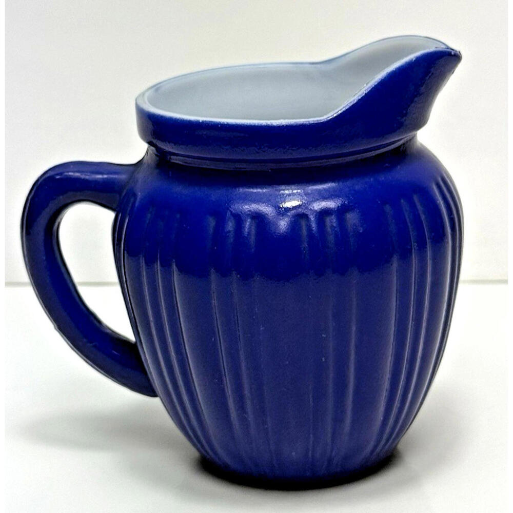 Vtg Cobalt Blue Hazel Atlas Glass Fired Platonite Ribbed Small Pitcher Creamer